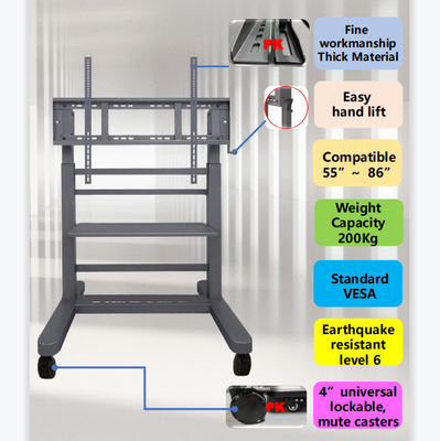 40 Kgs Interactive Whiteboard Stand Flat Screen Cart Lift Mute Casters Moving Cart TV Stand