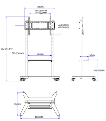 Adjustable Mobile Stand for Interactive Whiteboard 55/75/86 inch Lockable Wheels