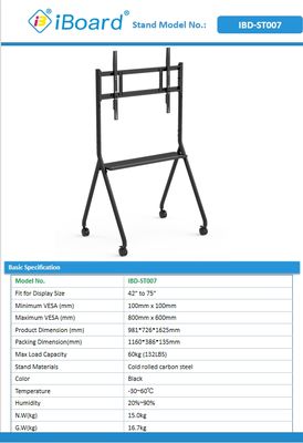 new arrive Interactive Whiteboard Stand Movable 42 To 75 Inch TV Monitor Lifting Mobile Stand Max Bearing 60KGS Powerfull Wheels Easy Move for interactive whiteboard mobile stand