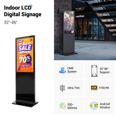 Free Standing Digital Signage with 500-2500 Nits Brightness and 16.7M Colors LCD Display for Indoor Advertising
